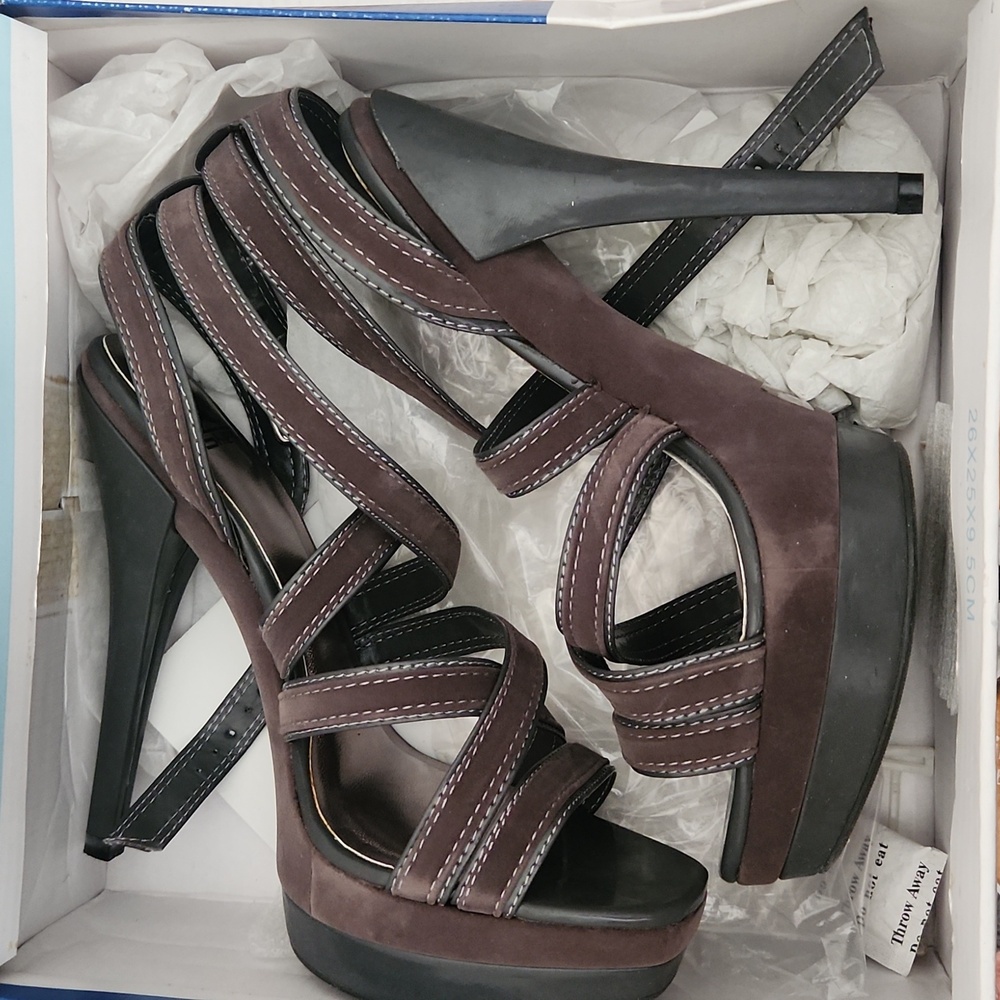 Gray strappy heels